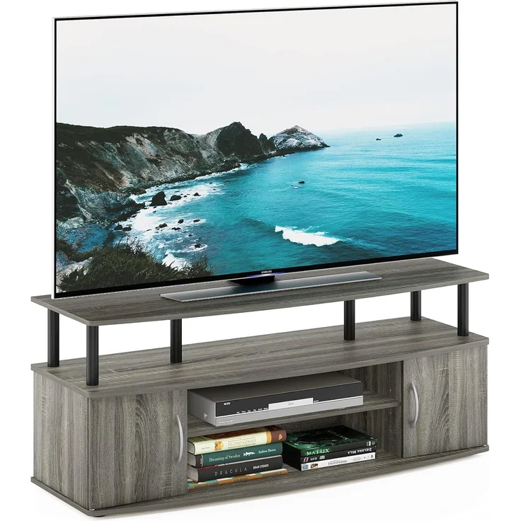 Furinno JAYA Großer TV-Schrank für bis zu 50-Zoll-TV mit 2 schließbaren Fächern, Französische Eiche/Grau 40. 31x119. 9x49. 61 cm