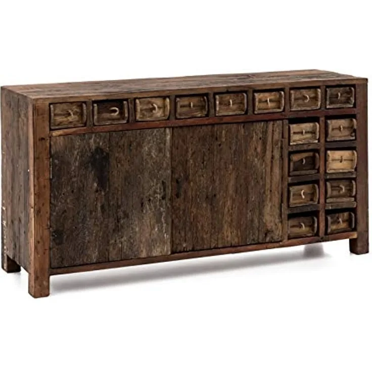 Sideboard Altholz massivum Madurai 2-türig 16 Schubladen Kommode 150x75x40 cm braun Vintage Anrichte rustikal Recycling-Möbel