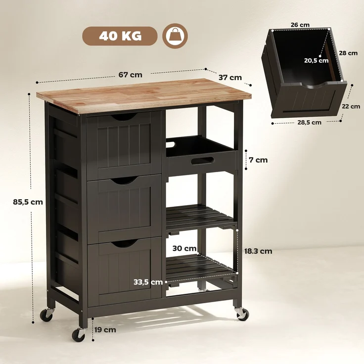 Wohnora-Küchenwagen mit Rollen, Holzarbeitsplatte, 3 Schubladen und 1 herausnehmbarem Tablett, 67 x 37 x 85,5 cm, schwarz,H 855cm x T 670cm x B 370cm – Bild 4
