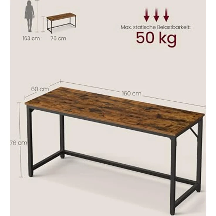 VASAGLE Tisch, Computertisch, Bürotisch, 160 x 60 x 76 cm, für Arbeitszimmer, Schlafzimmer, Wohnzimmer, vintagebraun-tintenschwarz – Bild 6