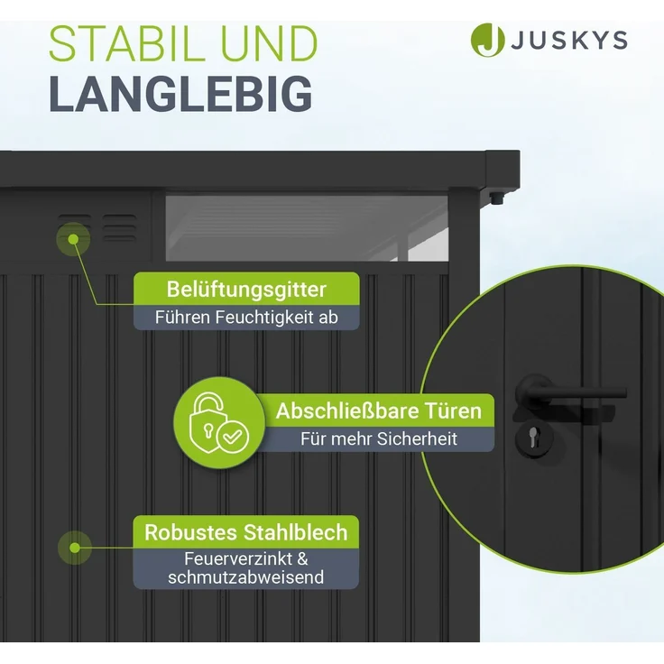 Juskys Gerätehaus Luzern 7,8 m² - Metall Geräteschuppen mit Türen & Fenstern - wetterfest & abschließbar - Fahrradgarage, Gartenhaus - Anthrazit – Bild 5