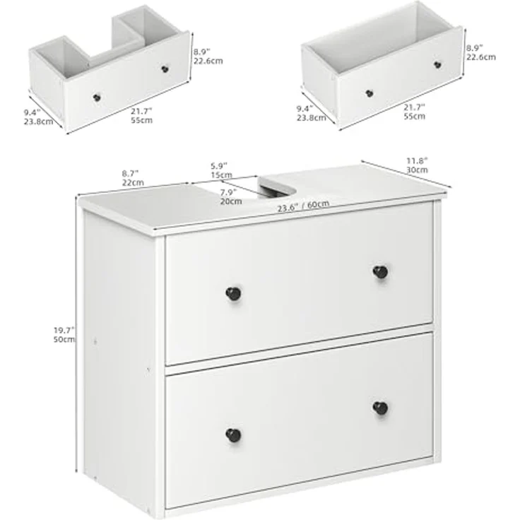 YITAHOME Waschbeckenunterschrank mit schubladen, Badezimmerschrank, 2 große Schubladen, 60 x 30 x 50 cm, badunterschrank wandmontage Weiss – Bild 3