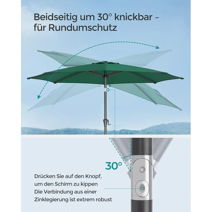 SONGMICS Sonnenschirm 300 cm, UPF 50+, Strandschirm, beidseitig um 30° knickbar, Sonnenschutz, mit Kurbel zum Öffnen/Schließen, für Terrasse, Balkon, Pool, ohne Ständer, grün GPU30GN – Bild 4