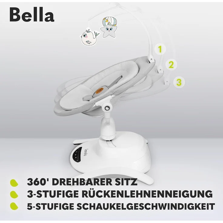 LIONELO Bella Elektrische Babywippe 360o für Babys bis 9 kg, verstellbare Rückenlehne, 5 Schaukelgeschwindigkeiten Sicherheitsgurt Erkennung von Bewegungen Anti-Rutsch – Bild 3