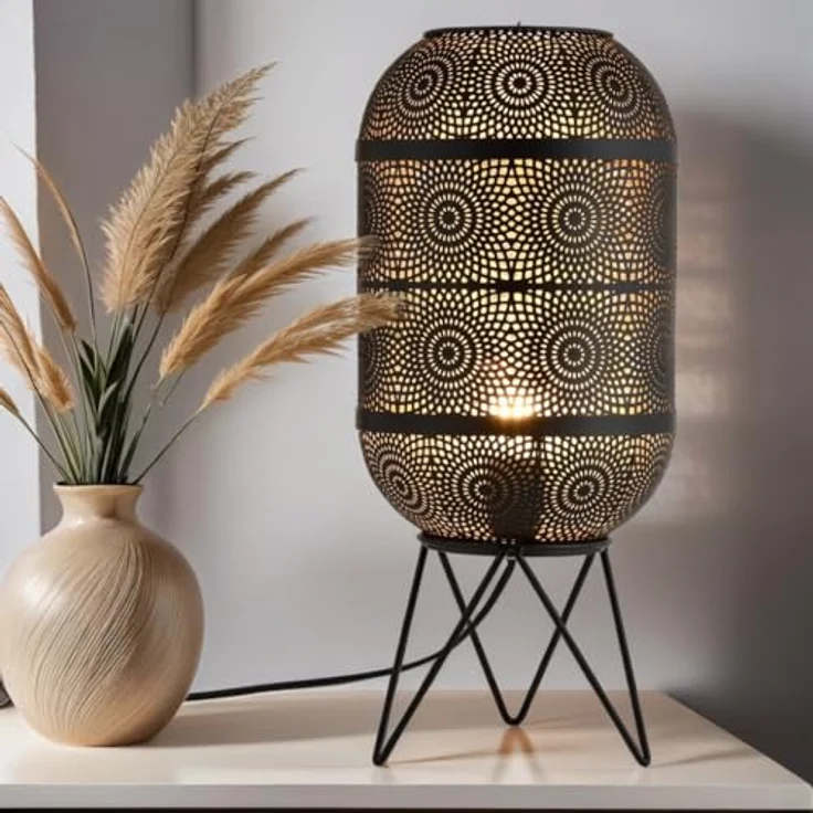 Marrakesch Tischlampe Sankos, 45 cm große Nachttischlampe aus Metall in schwarz-gold mit E27 Fassung, moderne Deko für Wohnzimmer, Schlafzimmer und Kinderzimmer – Bild 2