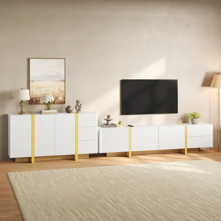 TV Lowboard Sideboard Set Wohnzimmermöbel Rillenfront Stauraumschrank Medienkonsole Schrankkombination aus PB und MDF--Weiß--190x35x45cm--YOUDENOVA – Bild 3