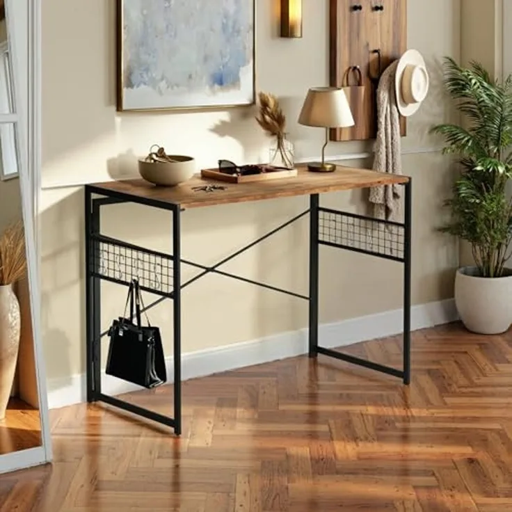 FurnitureR Klapptisch 100x50 cm - Wohnzimmer-Tisch faltbar auf 5,5cm, Retro Braun mit Metall & Haken, 50kg