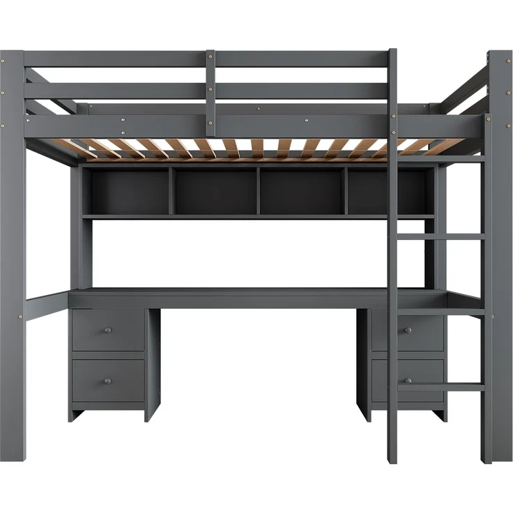Hochbett 90x200 cm mit Schreibtisch und Stauraum,Kinderbett aus massivem Kiefernholz,Multifunktionsbett mit 4 Schubladen und 4 Regalfächern,Grau – Bild 9