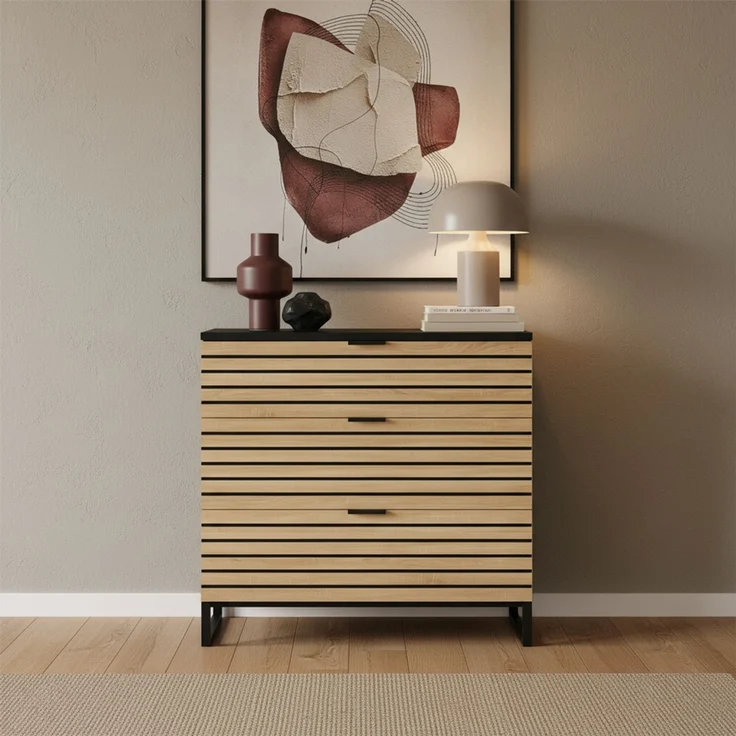Bellamio 'Luvua' Kommode, schwarz/Eichenoptik, mit Metallfüßen, 80x40x80 cm, Schrank mit 3 Schubladen – Bild 7