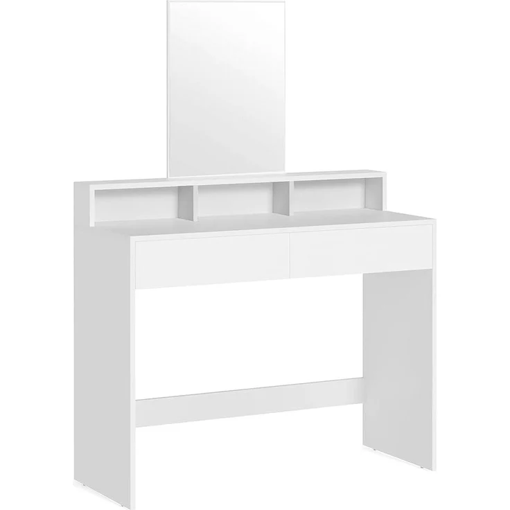 Vasagle Schminktisch mit großem Spiegel, 2 Schubladen & 3 offene Fächer, Holz, Weiß, 100 x 40 x 140 cm