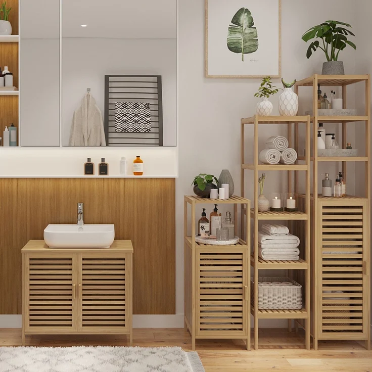 Bellamio 'Newa' Badezimmer Schrank, Bambus, natur, 85x33x33 cm, Badschrank mit 3 Ablagefächern – Bild 5