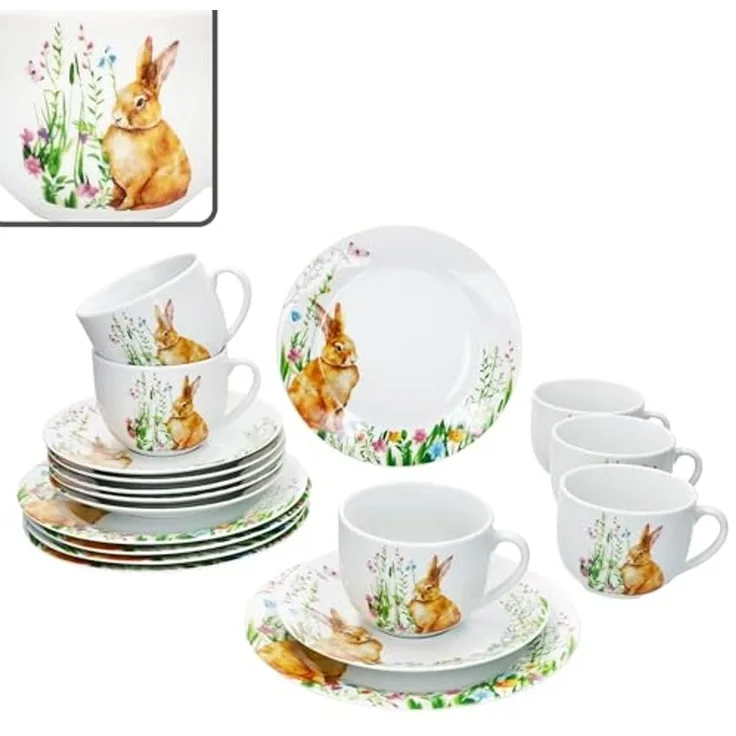 MamboCat Kaffeeservice 18tlg Kaffeeservice Osterfreude Porzellan 6 Personen Hase, Porzellan