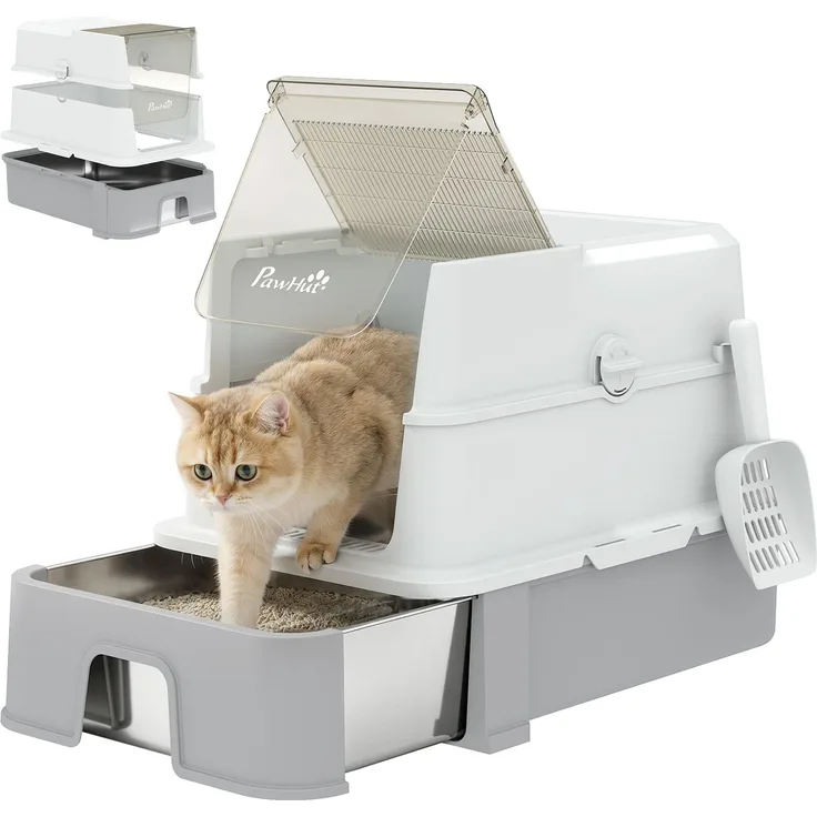 PawHut Katzentoilette, 201 Edelstahl, ABS, Grau, 60L x 40B x 45H cm