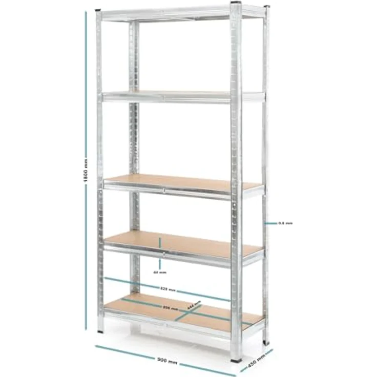 Wiltec Schwerlastregal 90 x 45 x 180 cm, Gesamtlast 875kg, Steckregal verzinkt aus Stahl, Lastenregal mit 5 Ablagen, Werkstattregal – Bild 4
