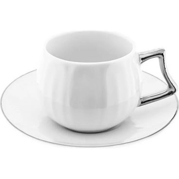 Mulex Kaffeeservice Porzellan-Mokkatassen, 6-teiliges Set in Reinweiß, Silber- oder Goldakzenten, 100 ml Fassungsvermögen