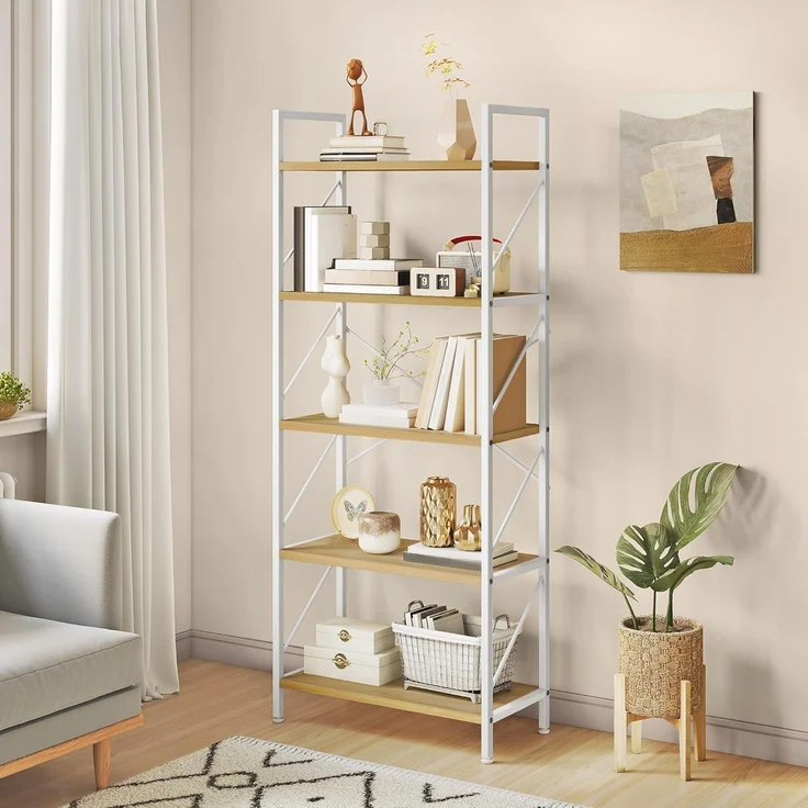 YITAHOME Bücherregal, Standregal mit 5 Ebenen, Hohes Lagerregal mit Metallrahmen, Industrielles Ausstellungsregal, Regaleinheiten, für Wohnzimmer, Schlafzimmer, Homeoffice, Küche, Weiß und Eiche Regal – Bild 1
