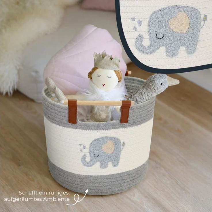 HMF Aufbewahrungskorb Aufbewahrungskorb mit Holzgriffen, runder Korb, Baumwolle für Kinderzimmer oder Babyzimmer, Elefant, 30 x 30 x 24 cm – Bild 4