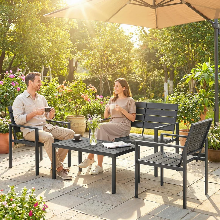 Wohnora-Gartenmöbel Set Sitzgruppe für 4 Personen Gartenlounge mit 2er Sofa 2 Sessel Beistelltisch Lamellendesign Schwarz,H 765cm x T 104cm x B 71cm – Bild 3