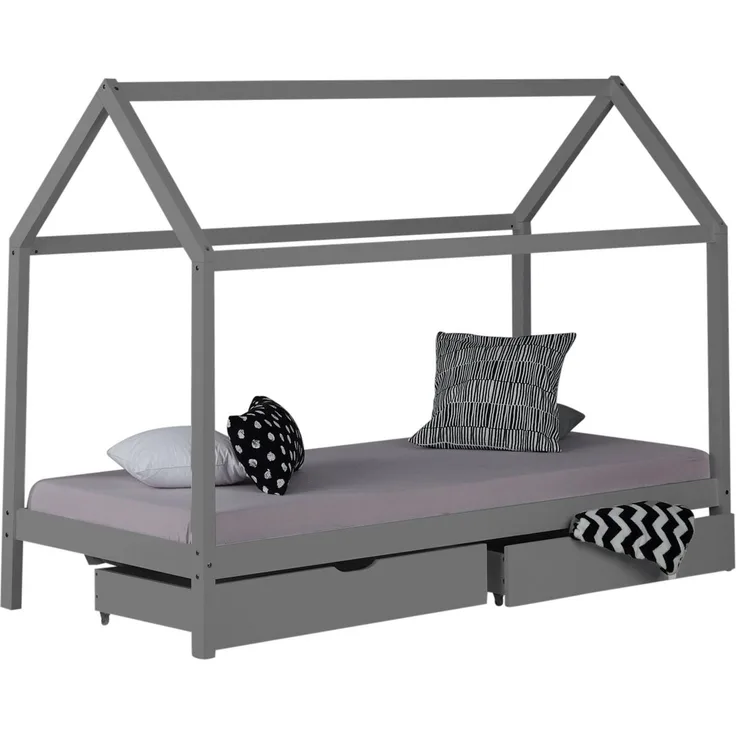 Kinderbett mit Matratze Kinderhaus Spielbett Hausbett 90x200 cm Grau mit Bettkasten