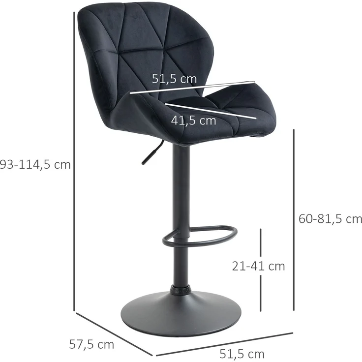 2er-Set Barhocker drehbare Barstühle mit Lehne höhenverstellbarer Bistrohocker Tresenhocker Samt Touch armloser Schaumstoff Schwarz 51,5x 57,5 ​​x 93-114,5 cm--Schwarz--93x57.5x51.5cm--YOUDENOVA – Bild 5