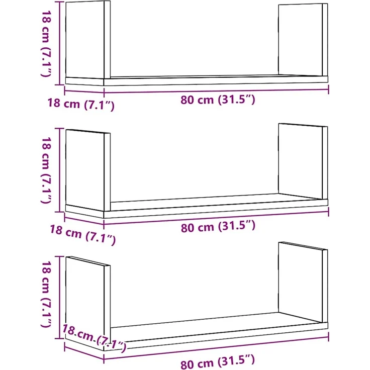vidaXL Wandregale 3 Stk. Schwarz Eichen-Optik 80x18x18cm Holzwerkstoff 868072 – Bild 10