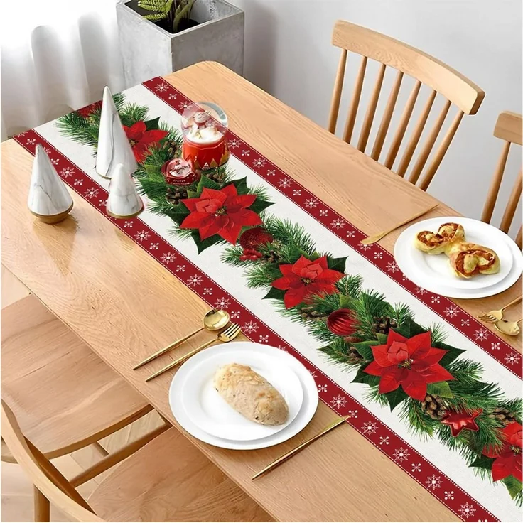Bomiclss Tischläufer Roter Leinen-Weihnachtstischläufer 230x33 cm (1-tlg), Festliche Tischdekoration für Weihnachtsmittelstücke und Feiertagsdeko – Bild 3