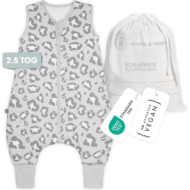emma & noah Baby Schlafsack mit Füßen 2.5 TOG, Strampelsack für den Herbst und Winter, Bio-Baumwolle, Oeko-TEX Zertifiziert, Kuscheliger Schlafsack für Neugeborere (Leo Grau, 80 cm)