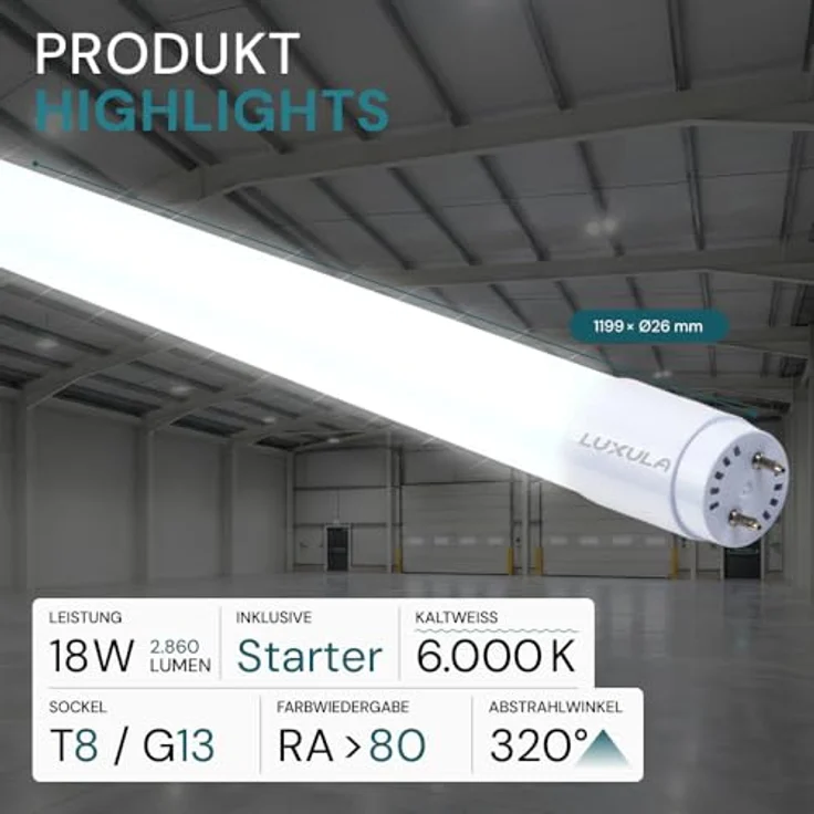 LUXULA LED Röhre 120cm T8 G13, 18W 2880lm Kaltweiß 6000K, bruchsicher und blendfrei, inkl. Starter-Brücke – Bild 2