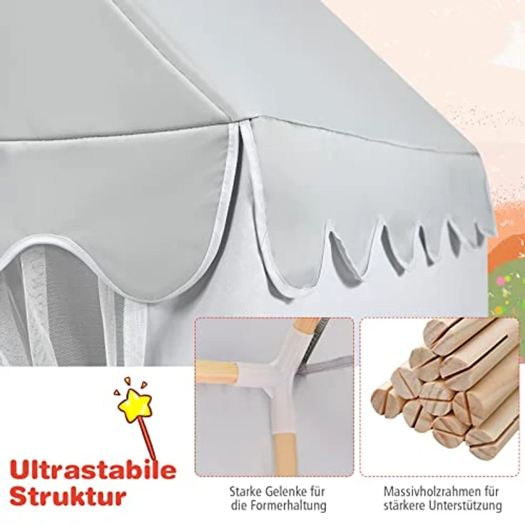 COSTWAY Prinzess Prinzessin Kinderzelt, Stoffzelt / Massivholzrahmen / Baumwolldecke grau, 120 x 105 x 140 cm – Bild 5