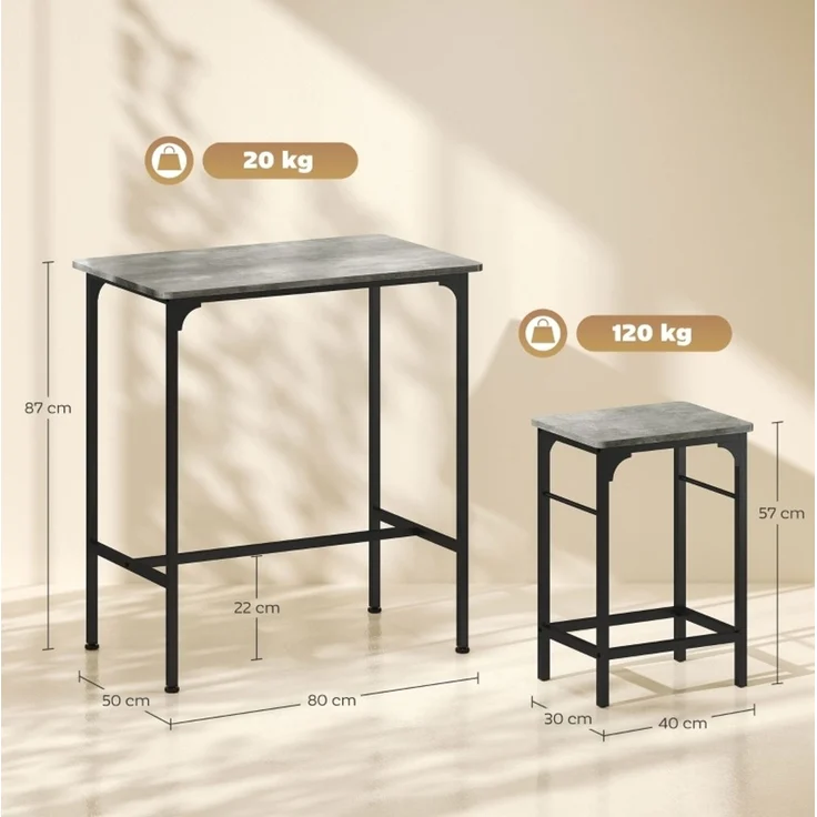 Bartisch-Set 80 x 50 x 87 cm mit 2 Hockern – Stahlrahmen in Grau – Bild 5