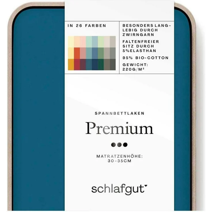 Schlafgut Spannbettlaken PREMIUM Mako-Zwirn-Jersey, 220 g/m², 95% Bio-Baumwolle, 5% Elasthan, Mako-Zwirn-Jersey, Gummizug: rundum, (1 Stück), Bettlaken bis 30 cm Höhe, PREMIUM-Qualität langlebig, perfekter Sitz – Bild 4