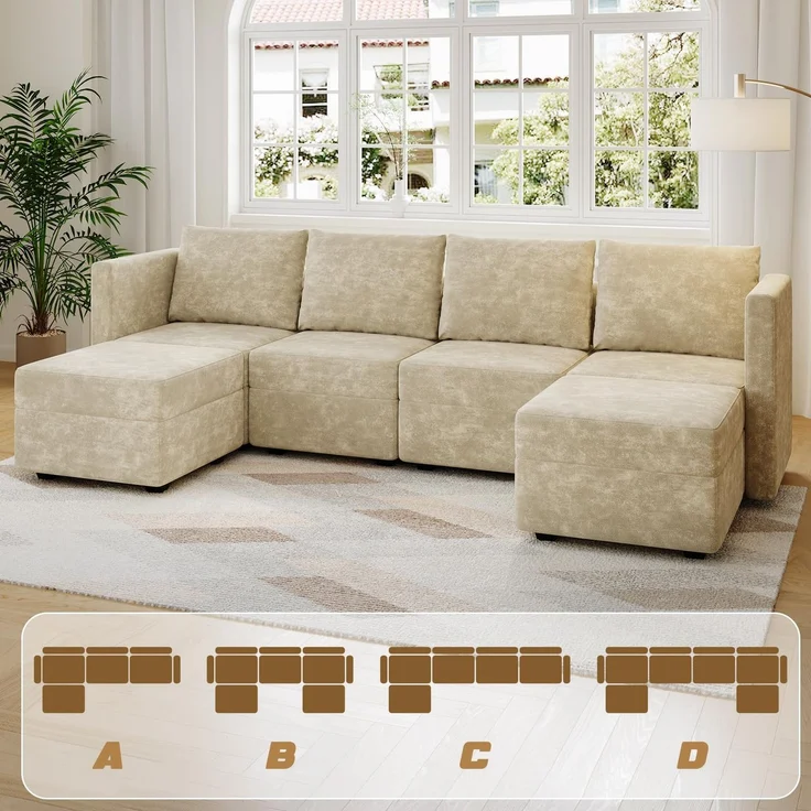 JUMMICO Modulares Sofa U-Form Ecksofa 280 cm breit | Sofa mit Stauraum,Links Chaiselongue,Velours‑Stoff für Sofa,Wohnzimmer Couch,Flauschige Cloud‑Polster,Beige