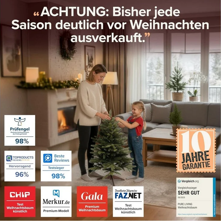 Premium Weihnachtsbaum künstlich 90cm - TESTSIEGER 10 Jahre GARANTIE - Naturgetreu, dichte Zweige, Künstlicher Weihnachtsbaum mit Holzständer, Christmas Tree Tannenbaum künstlich 90 cm Pure Living – Bild 2