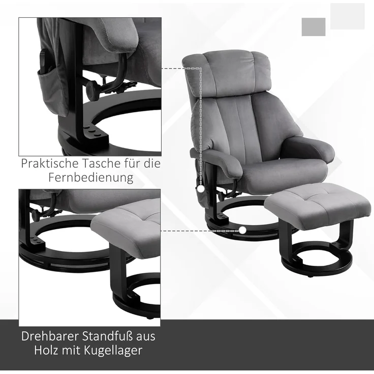 HOMCOM Massagesessel Fernsehsessel, Hocker, aus Kunstleder, Kann sitzen, um 360° drehen (Relaxliege, 2-St, Massagestuhl), für Wohnbereich, Grau – Bild 7
