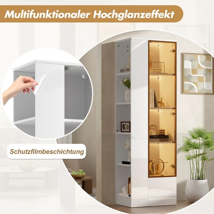 Vitrine mit Glastür & LED-Beleuchtung – Hochglanz-Schrank mit Schubladen & offenen Fächern, viel Stauraum für Wohnzimmer & Esszimmer, Weiß, 50x35x160 cm – Bild 7