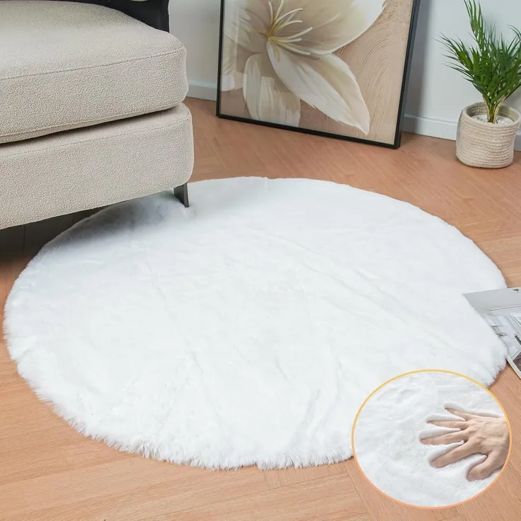 Teppich Fellteppich Kunstfell waschbar Bettvorleger 120 cm (Rund) Weiß