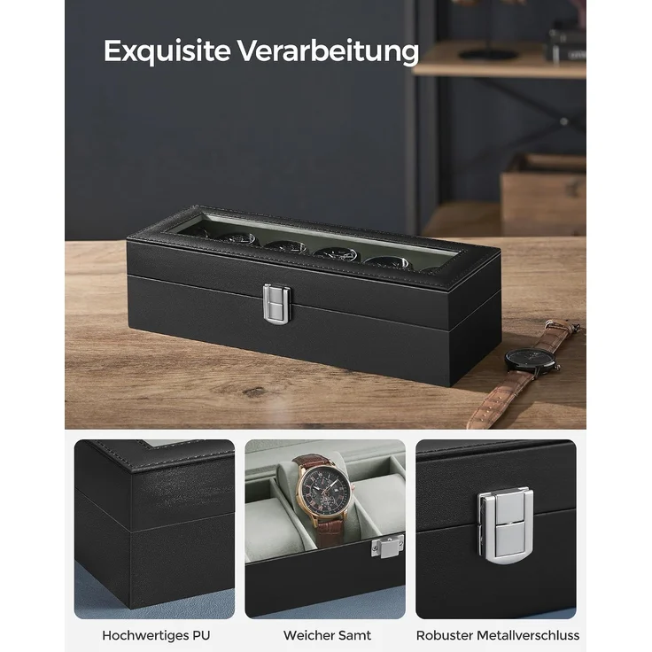 Songmics Uhrenbox für 6 Uhren, Uhrenkasten mit Glasdeckel, Uhrenkissen aus Samt, Uhrenkoffer mit Schloss, 11,2 x 30 x 8 cm, Geschenkidee, PU-Bezug in Schwarz, Samtfutter in Grau JWB06BK – Bild 3