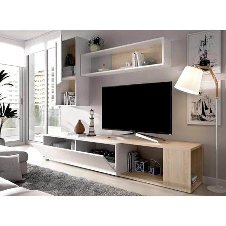 Dmora - Wohnwand Denali, modulares Eck-Wohnzimmerset, Multipositions-Wohnzimmermöbel, 230 x 41 x 180 cm, Weiß und Eiche – Bild 4