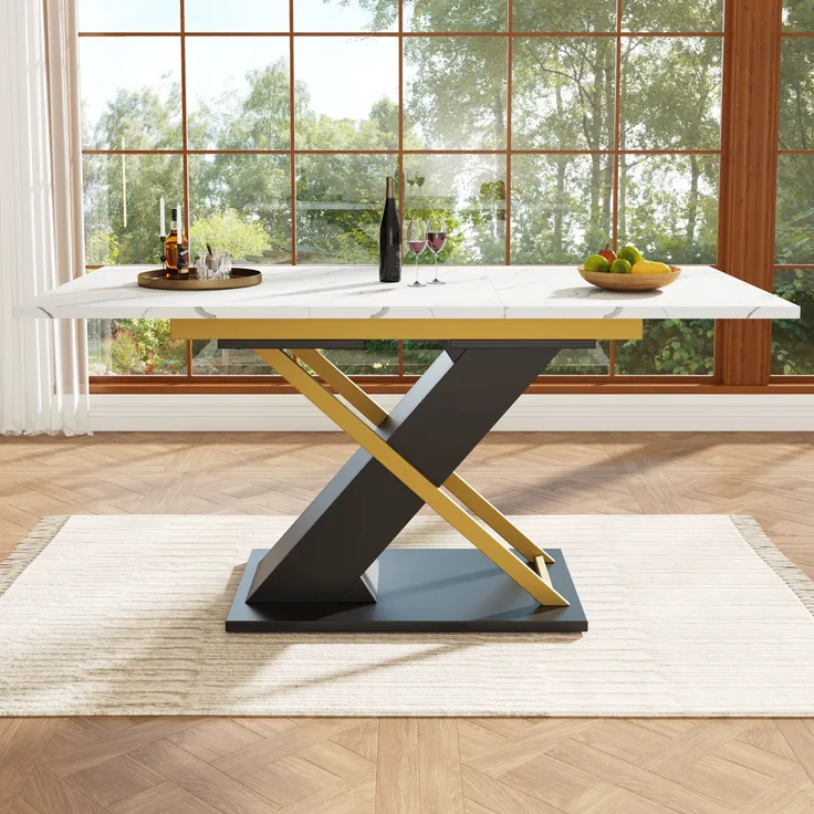 Ausziehbarer Esstisch 120-160x80x75,4 cm, Marmoroptik, goldene Kreuzbeine