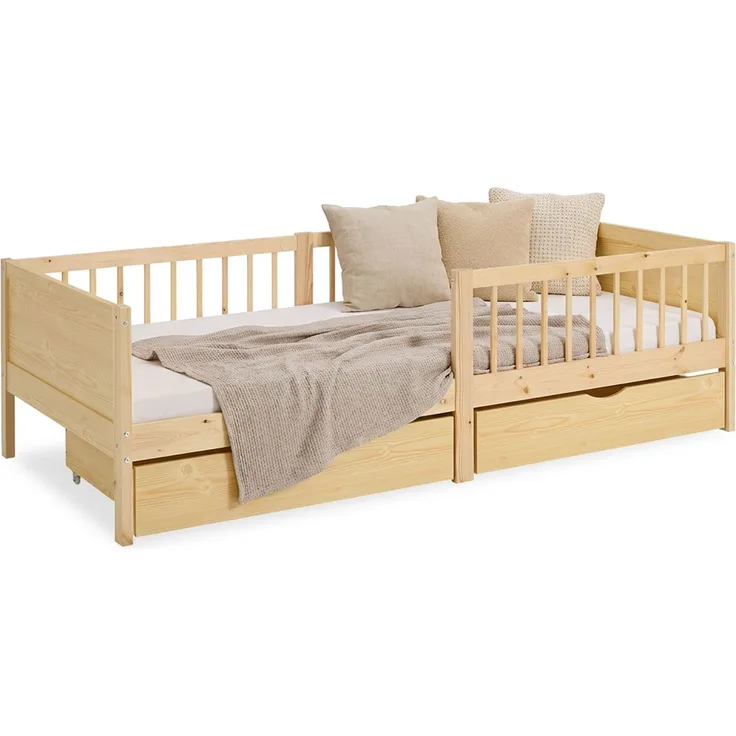 Kinderbett 90x200 cm mit 2 Bettkästen Rausfallschutz Holzbett Natur Einzelbett Gitterbett Massiv Holzbettrahmen