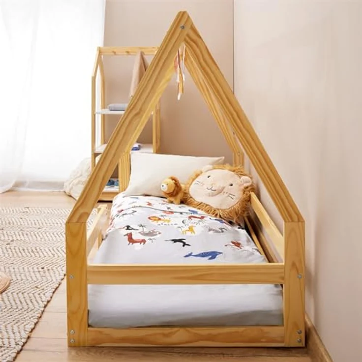 IDIMEX Hausbett TAMI Kinderbett in Hausform, 70x140 cm, Natur, Kiefernholz Kinderbett mit Rausfallschutz, ideal zum Schlafen und Spielen, Bodenbett, Montessori – Bild 6