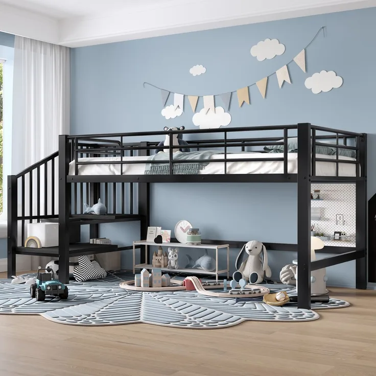 EINHOM 90 x 200 cm Halbhohes Hochbett mit Stauraumtreppe, Schwarz (Ohne Matratze)