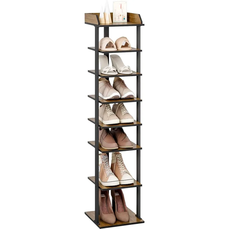 Mondeer Schuhregal Vertikales Schuhregal, 7-stöckiges, Metallgestell, Holz, 28 x 28 x 113 cm, Rustikal Braun