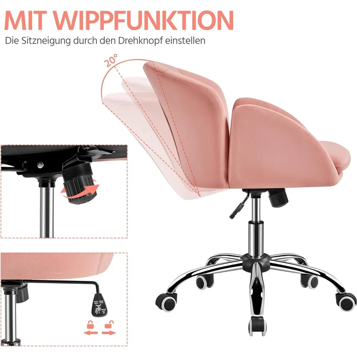 Yaheetech Homeoffice Stuhl Schminkstuhl Schreibtischstuhl höhenverstellbar Drehstuhl bis 136 kg Belastbar, SamtStuhl mit Armlehnen und Rückenlehne für Schlafzimmer Büro Wohnzimmer, Hellrosa – Bild 6