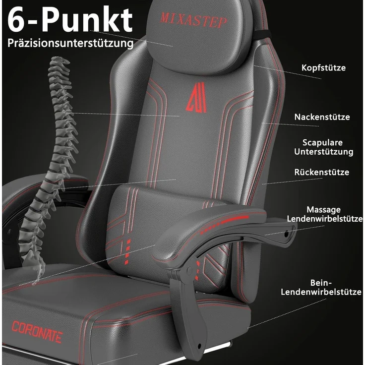 Gaming Stuhl Ergonomisch 360° Drehfunktion Rot Bürostuhl 150KG Homeoffice – Bild 4