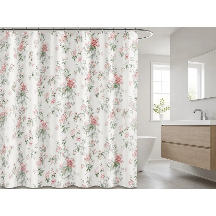 Wasserdichter Duschvorhang mit Blumenmuster Weiß-Rosa, 150x200 cm – Bild 2