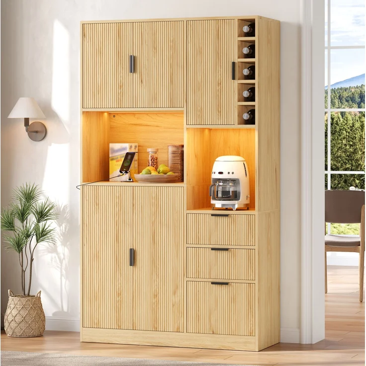 Küchenbuffetschrank aus MDF mit Weinregal und LED-Beleuchtung, 105x40x180 cm, Natur – Bild 2