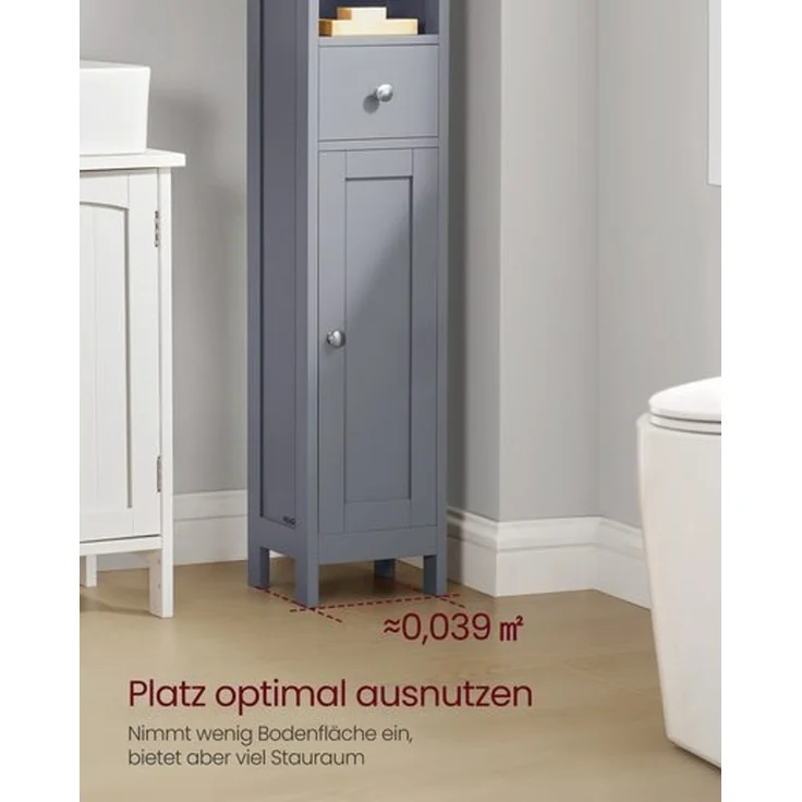 VASAGLE Badezimmerschrank, Badschrank, hoch, schmaler Aufbewahrungsschrank, mit verstellbaren Ablagen, Schublade, offenen Fächern, für kleine Räume, modern – Bild 2