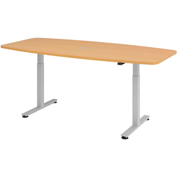 bümö elektrisch höhenverstellbarer Konferenztisch in Buche 220x103 cm, Gestell: Silber - Besprechungstisch rund-oval, großer elektrischer Meeting Tisch für Konferenz & Besprechungsraum, XMST22-6-S