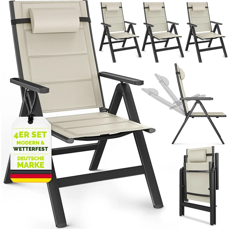 tillvex Gartenstuhl mit Polster Premium 4 Stück Beige klappbar aus Aluminium | Hochlehner mit Armlehnen | Klappstuhl verstellbar | Klappsessel Balkon Garten Terrasse – Bild 1